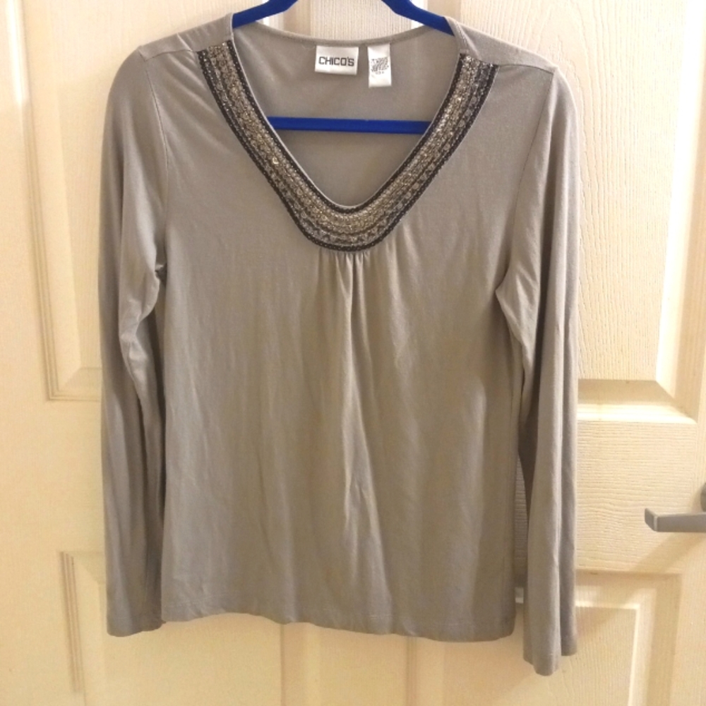 Chico's Glitter Size 0(4 Small) EUC Grayish Tan Stretchy Embellished Sof…